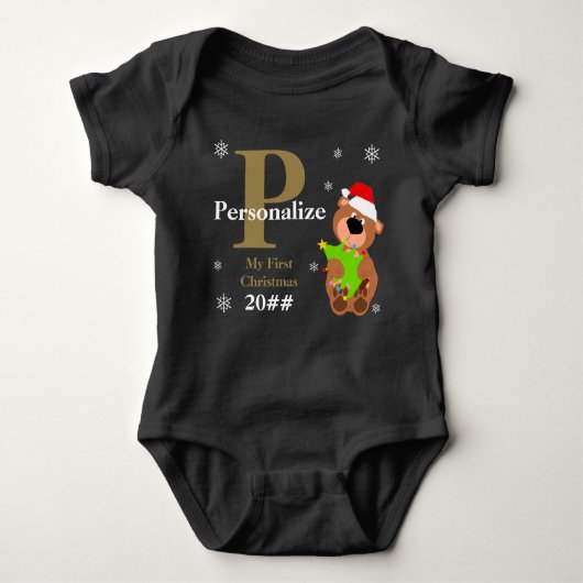 私の初めてのクリスマスベアークリスマスツリーモノグラムバ ベビーボディスーツ (正面)