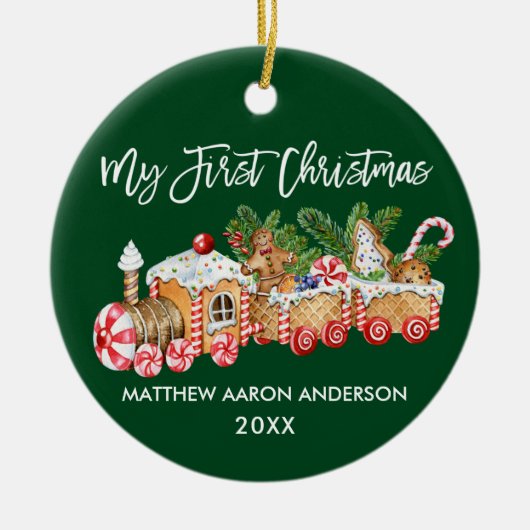 私の初めてのクリスマスベビージンジャーブレッドトレイングリーン セラミックオーナメント (正面)