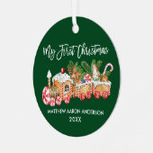 私の初めてのクリスマスベビージンジャーブレッドトレイングリーン メタルオーナメント (正面左)