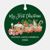 私の初めてのクリスマスベビージンジャーブレッドトレイングリーン メタルオーナメント (裏面)