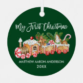 私の初めてのクリスマスベビージンジャーブレッドトレイングリーン メタルオーナメント (正面)
