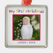 私の初めてのクリスマスベビー写真カラフルかわいい メタルオーナメント (正面)