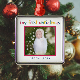 私の初めてのクリスマスベビー写真カラフルかわいい メタルオーナメント
