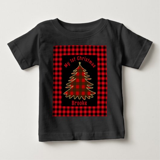 私の初めてのクリスマスベビー名前red palaidクリスマスツリー ベビーTシャツ (正面)
