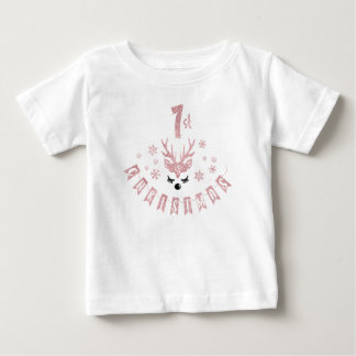 私の初めてのクリスマスモダンピンクと白トナカイ ベビーTシャツ