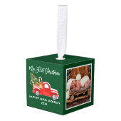 私の初めてのクリスマスレッドトラックキャンディーケーンベビー写真 キューブオーナメント (正面アングル)