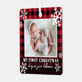 私の初めてのクリスマスレッドプレイドベビー写真 メタルオーナメント (正面左)