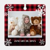 私の初めてのクリスマスレッドプレイドベビー写真 メタルオーナメント (裏面)