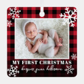 私の初めてのクリスマスレッドプレイドベビー写真 メタルオーナメント (正面)