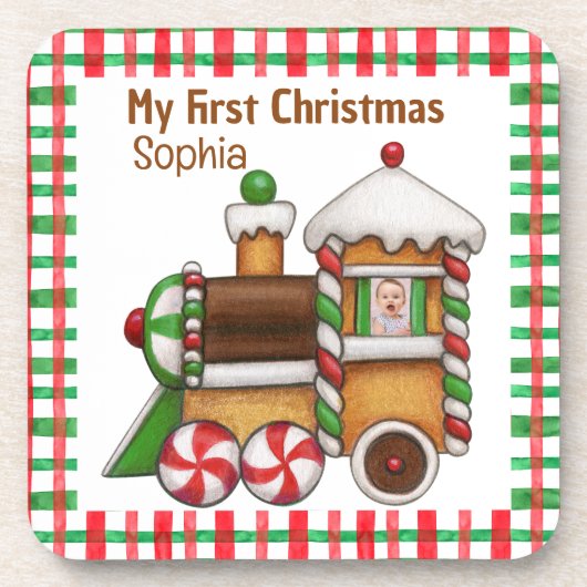 私の初めてのクリスマス名前をカスタムするかわいい電車 コースター (正面)