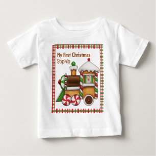 私の初めてのクリスマス名前をカスタムするかわいい電車 ベビーTシャツ