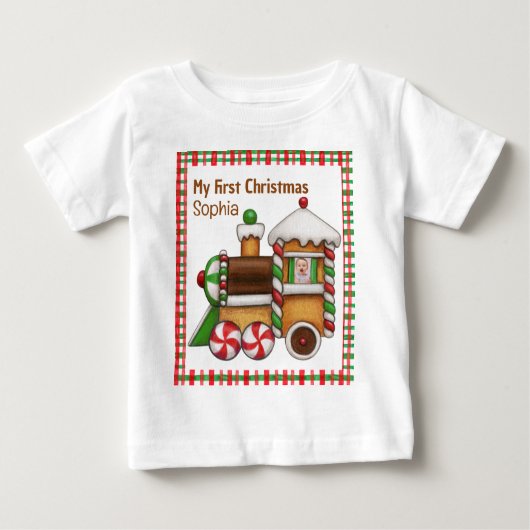 私の初めてのクリスマス名前をカスタムするかわいい電車 ベビーTシャツ (正面)