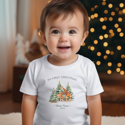 私の初めてのクリスマス名Year Cute Giraffe ベビーTシャツ