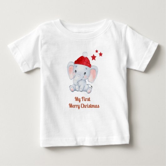 私の初めてのクリスマス新生まれベビー – サンタゾウ ベビーTシャツ (正面)