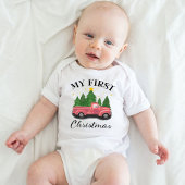 私の初めてのクリスマス水彩トラック ホワイト ベビーボディスーツ