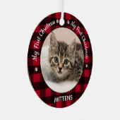 私の初めてのクリスマス赤い格子柄の猫ペット写真 メタルオーナメント (正面右)
