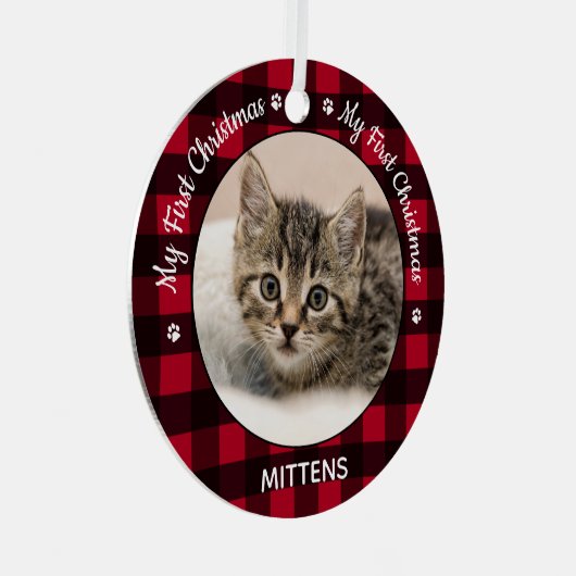 私の初めてのクリスマス赤い格子柄の猫ペット写真 メタルオーナメント (正面右)