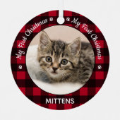 私の初めてのクリスマス赤い格子柄の猫ペット写真 メタルオーナメント (正面)