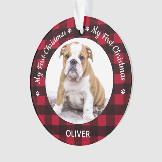 私の初めてのクリスマス赤い格子犬の子犬ペットの写真 オーナメント (正面)