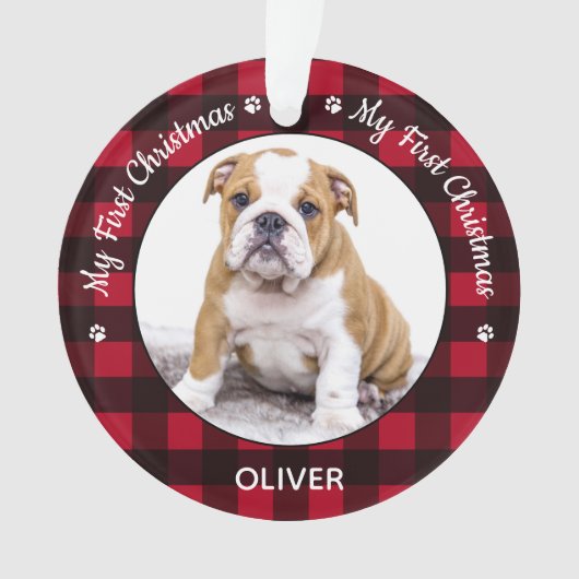 私の初めてのクリスマス赤い格子犬の子犬ペットの写真 オーナメント (正面)