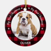 私の初めてのクリスマス赤い格子犬の子犬ペットの写真 セラミックオーナメント (正面)