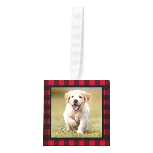 私の初めてのクリスマス赤い格子犬の子犬3ペットの写真 キューブオーナメント (正面)