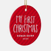 私の初めてのクリスマス赤ストライプのベビー写真 セラミックオーナメント (右)