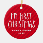私の初めてのクリスマス赤ストライプのベビー写真 セラミックオーナメント (正面)