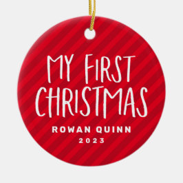 私の初めてのクリスマス赤ストライプのベビー写真 セラミックオーナメント