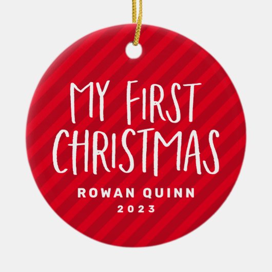 私の初めてのクリスマス赤ストライプのベビー写真 セラミックオーナメント (正面)