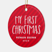 私の初めてのクリスマス赤ストライプのベビー写真 セラミックオーナメント (左)