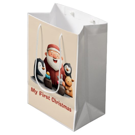 私の初めてのクリスマス かわいいサンタと動物たち ミディアムペーパーバッグ (正面アングル)