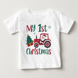 私の初めてのクリスマス かわいいサンタ トラクター 農場 ベビーTシャツ
