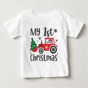 私の初めてのクリスマス かわいいサンタ トラクター 農場 ベビーTシャツ
