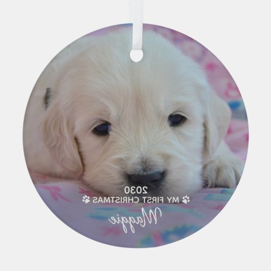 私の初めてのクリスマス – かわいい子犬ペットの写真 ガラスオーナメント (裏面)