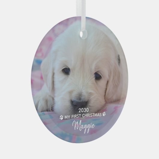私の初めてのクリスマス – かわいい子犬ペットの写真 ガラスオーナメント (正面右)