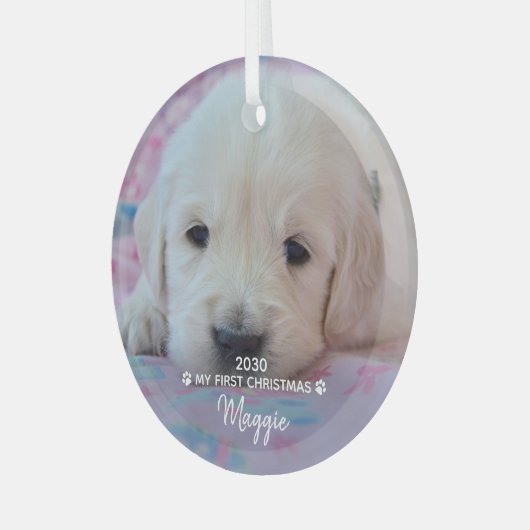 私の初めてのクリスマス – かわいい子犬ペットの写真 ガラスオーナメント (正面左)