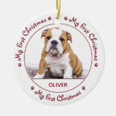 私の初めてのクリスマス – かわいい犬の赤い子犬ペットフォト セラミックオーナメント (正面)