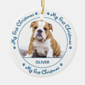 私の初めてのクリスマス – かわいい犬の青い子犬ペットの写真 セラミックオーナメント (正面)