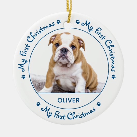 私の初めてのクリスマス – かわいい犬の青い子犬ペットの写真 セラミックオーナメント (正面)