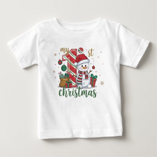 私の初めてのクリスマス かわいい雪だるま ベビーTシャツ (正面)
