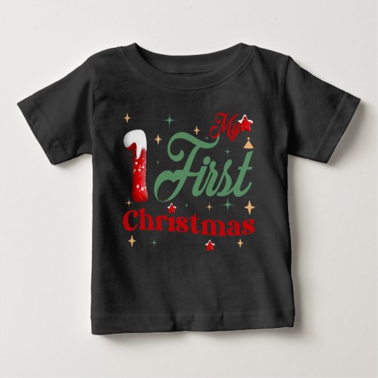 私の初めてのクリスマス　ブラックベイビー ファインジェージTシャツ ベビーTシャツ (正面)