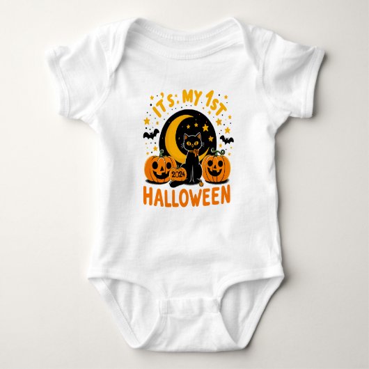 私の初めてのハロウィン かぼちゃの黒猫 ベビーボディスーツ (正面)