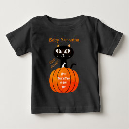 私の初めてのハロウィン かわいいオレンジと黒猫のカボチャ ベビーTシャツ
