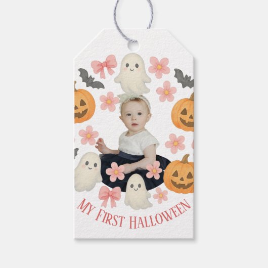 私の初めてのハロウィン | かわいいカボチャと幽霊のリース ギフトタグ (正面)