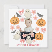 私の初めてのハロウィン | かわいいカボチャ & おばけのリース シーズンカード (正面)
