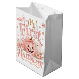 私の初めてのハロウィン ピンクのかぼちゃ かわいい女の赤ちゃんギフト ミディアムペーパーバッグ