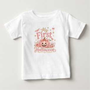 私の初めてのハロウィン 可愛いピンクのパンプキンベビーガールTシャツ ベビーTシャツ