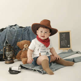 私の初めてのロデオカウボーイ1歳誕生日青い赤ちゃん ベビーTシャツ