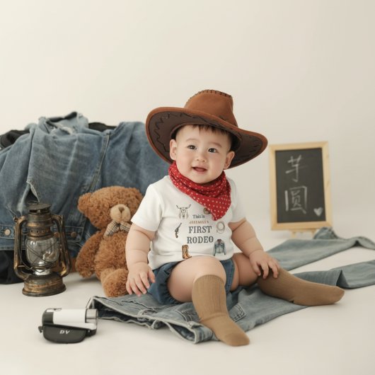 私の初めてのロデオカウボーイ1歳誕生日青い赤ちゃん ベビーTシャツ